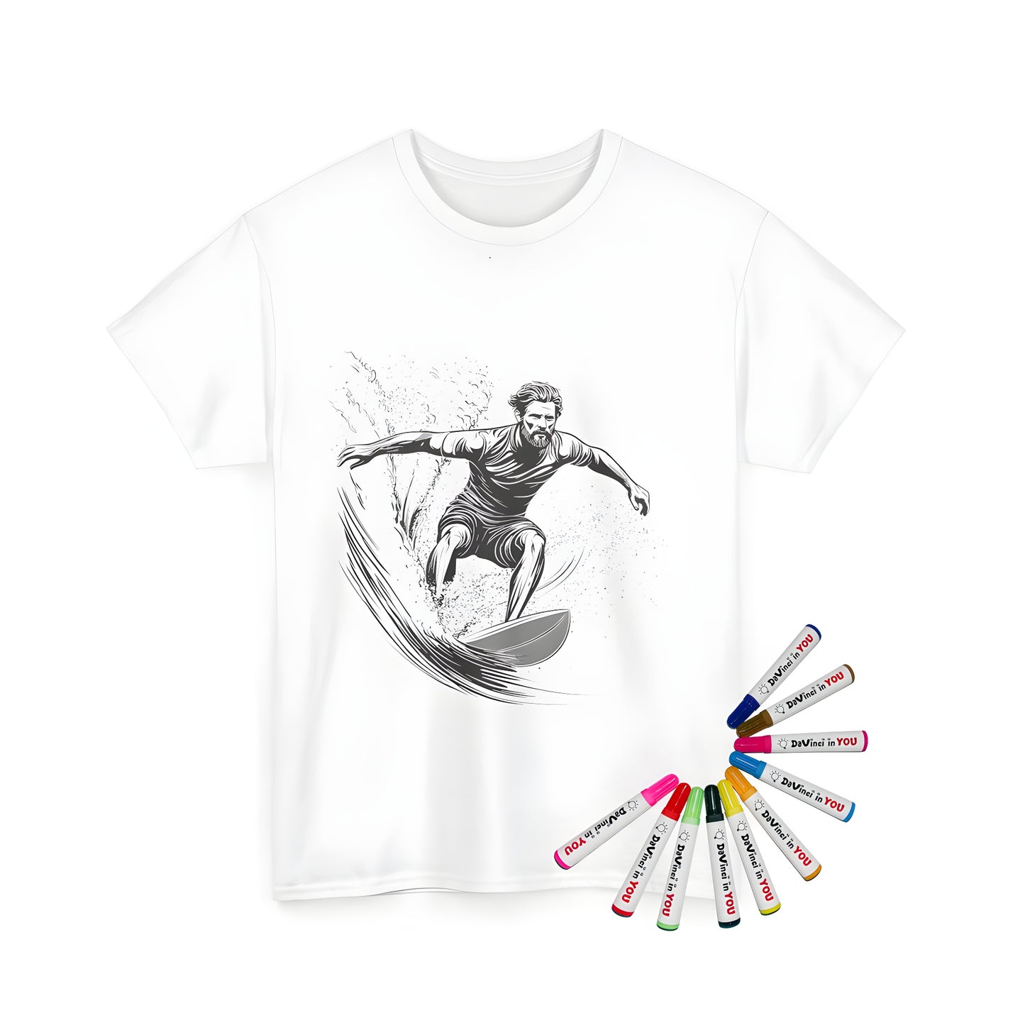 Unisex t-shirt with a black and white line drawing of a man surfing on a wave, capturing dynamic movement. Perfect for fans of beach culture and the great outdoors.