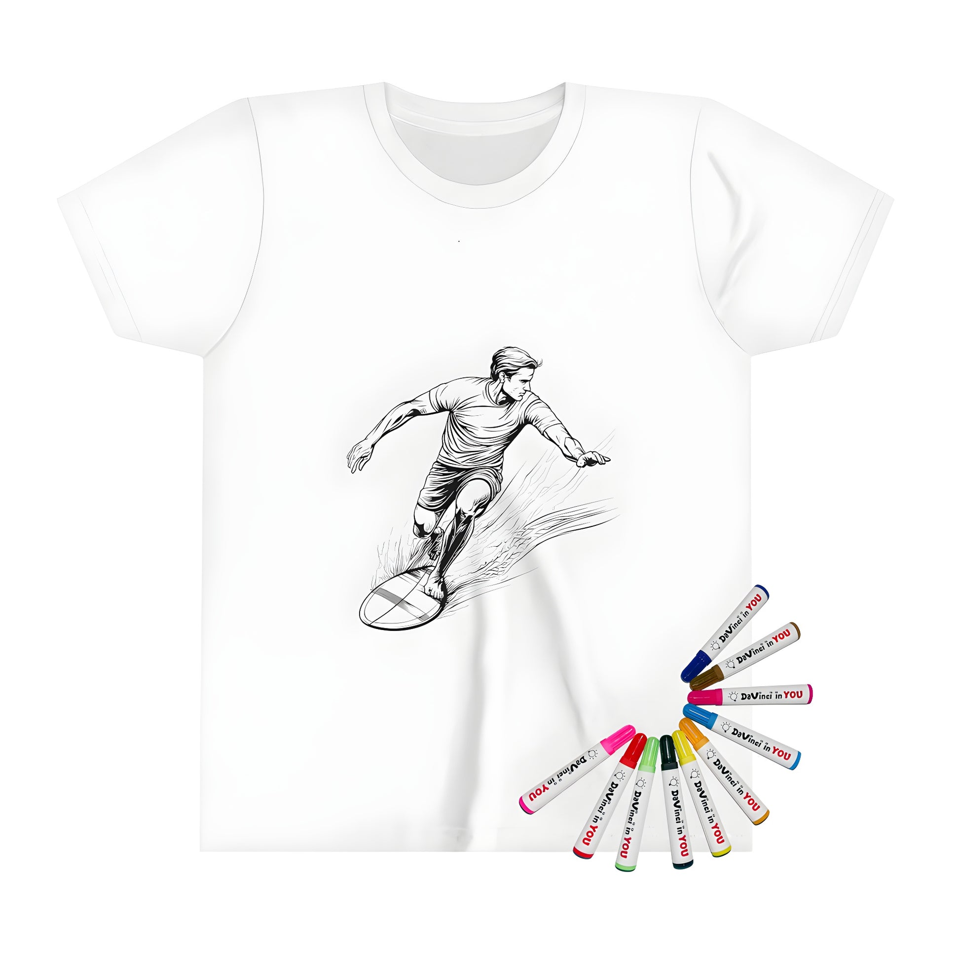 Colorful Kid's T-shirt featuring an exciting surfing scene with a man on a surfboard riding a wave, great for kids who love the ocean and outdoor adventures. Image description: A vibrant and fun design of a boy on a surfboard in motion, printed on a high-quality Kids' T-Shirt.