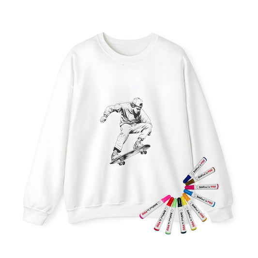 Adult sweatshirt featuring a detailed coloring page design of a skateboarder performing a jump trick in mid-air