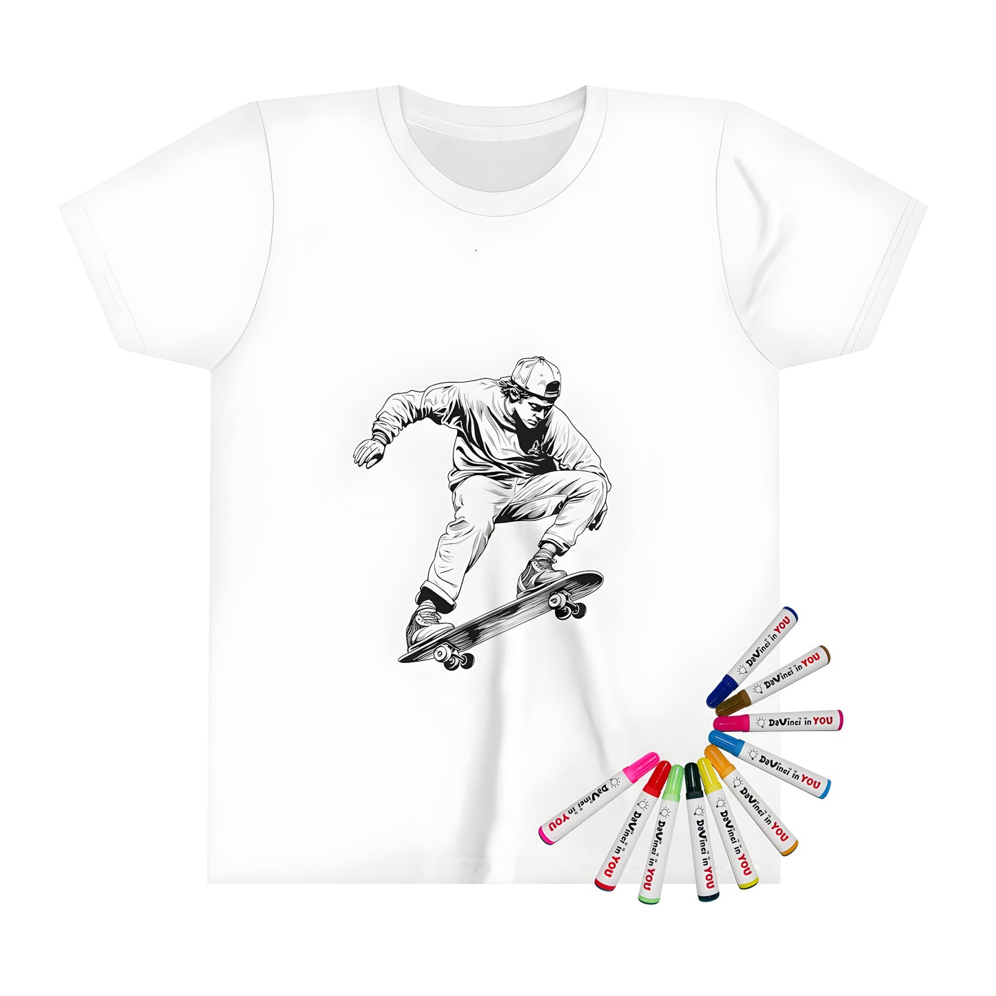 Kid's graphic t-shirt featuring an exciting skateboarding design for kids