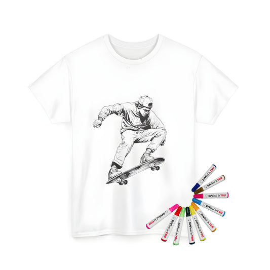 A colorful Unisex T-shirt featuring an illustrative drawing of a skateboarder performing a trick in mid-air