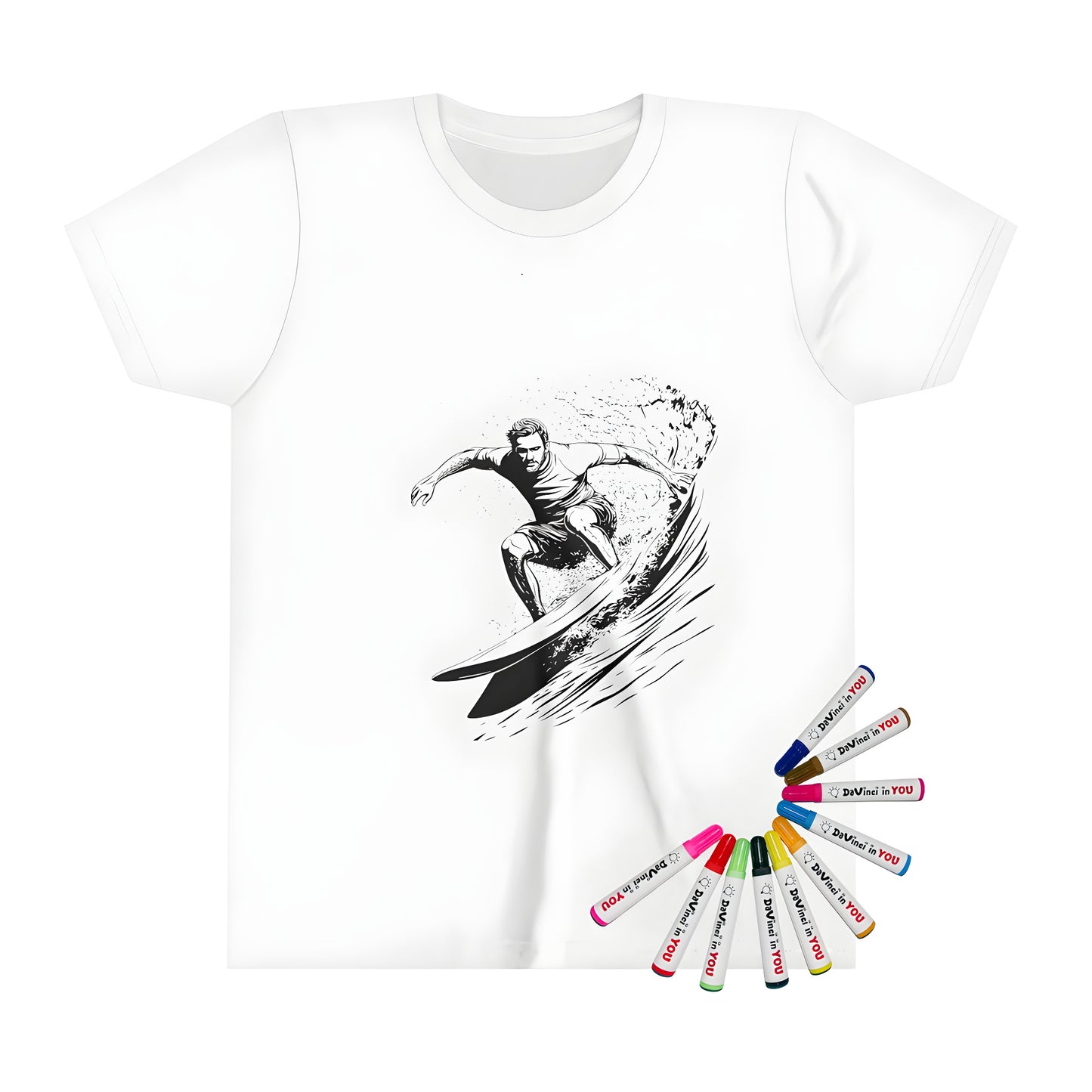 Kid's t-shirt with colorful surfing design featuring a detailed black-and-white illustration of a man riding a wave. Includes vibrant fabric markers for creative expression.