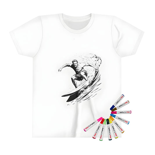 Kid's t-shirt with colorful surfing design featuring a detailed black-and-white illustration of a man riding a wave. Includes vibrant fabric markers for creative expression.