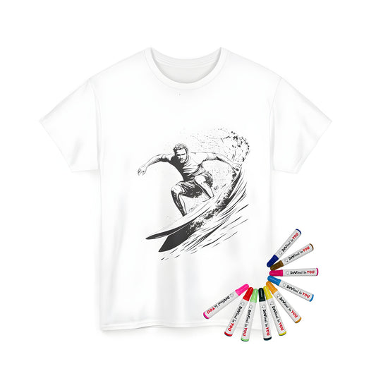 Coloring kit for kids featuring an illustration of a man surfing on a wave, printed on high-quality unisex t-shirt