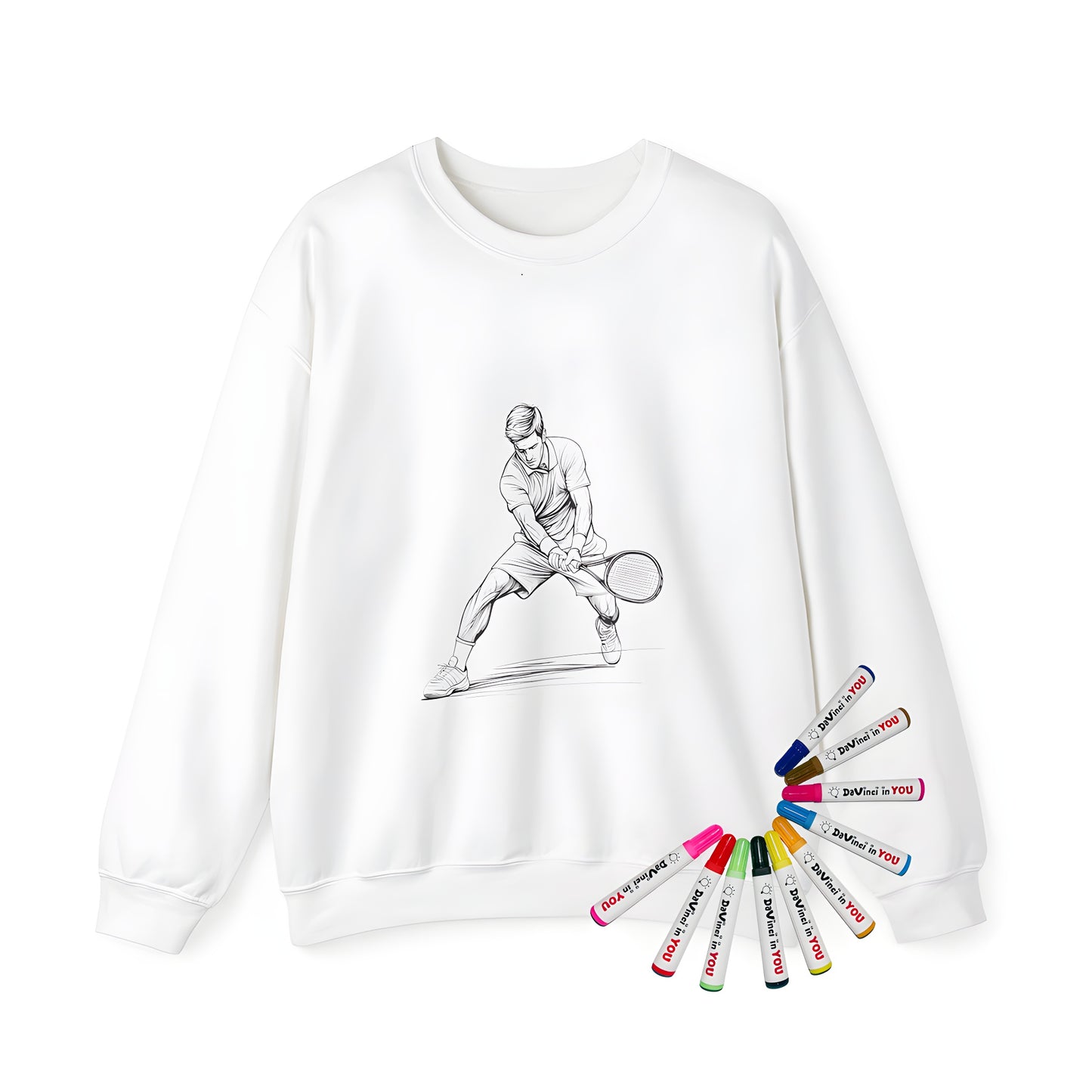 Adult sweatshirt featuring an original Black and white illustration of a tennis player doing a backhand shot, perfect for tennis enthusiasts