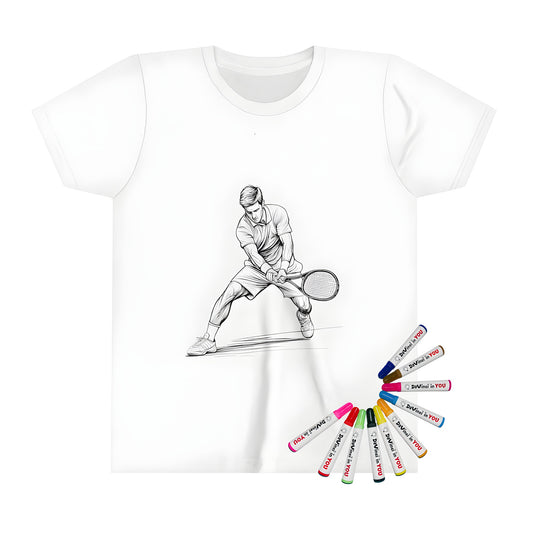 Kid's fun t-shirt with colorful tennis racket illustration, perfect for kids who love playing tennis and sports