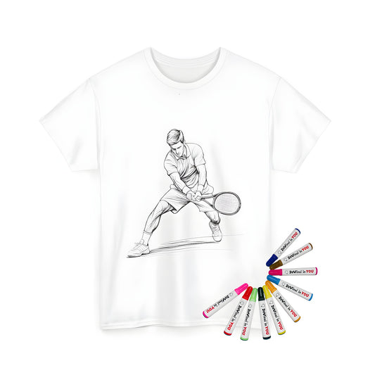 Unisex t-shirt featuring an illustration of a tennis player's backhand shot. Colorful tennis-themed artwork printed on high-quality fabric.