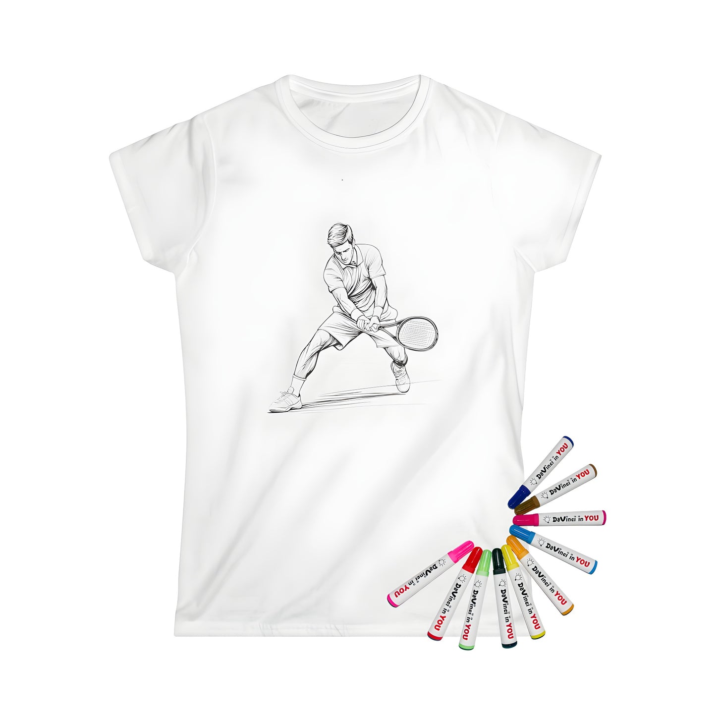 Women's t-shirt featuring a vibrant tennis-inspired coloring page design with a dynamic black and white illustration of a tennis player in motion, perfect for a sporty and stylish look