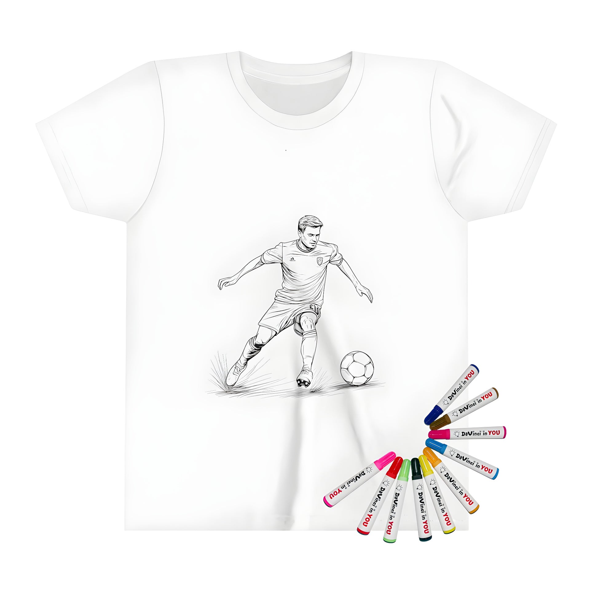 Coloring book kid's t-shirt for kids, featuring a black and white illustration of a soccer ball player kicking a ball, fun art for boys and girls, educational gift for children