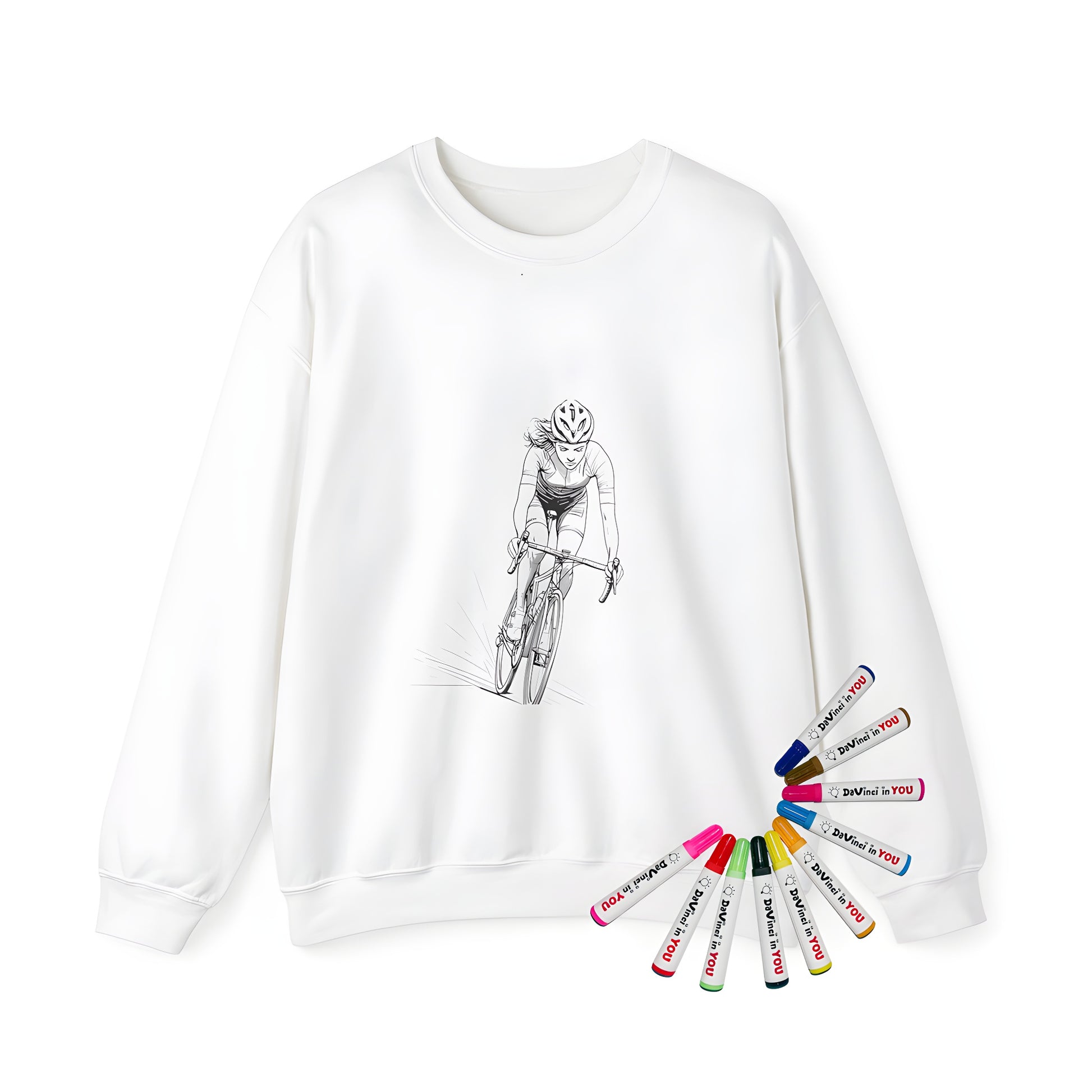 Adult sweatshirt with cycling-themed coloring page design and fabric markers