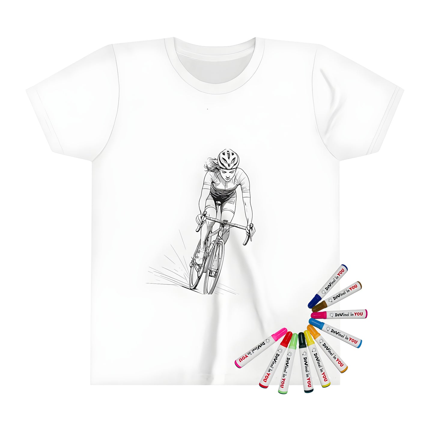 Kids' t-shirt with cycling design for kids, featuring a detailed black and white sketch of a cyclist wearing a helmet, riding a bicycle at high speed.