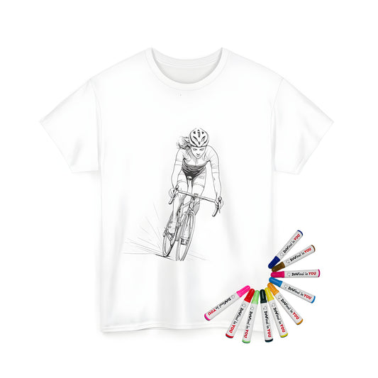 Coloring kit for cycling enthusiasts featuring a detailed black and white sketch of a rider on a bike, wearable art, unisex tee