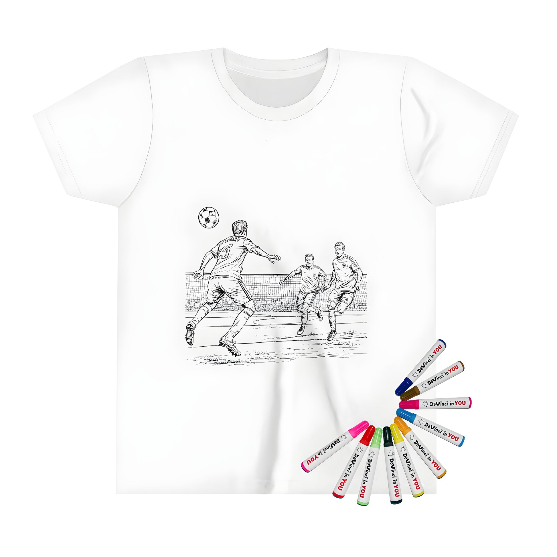 Colorful soccer-themed kid's t-shirt with fun illustrations of three boys playing soccer