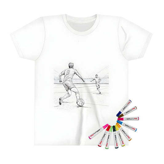 Colouring kit for kids featuring a fun soccer themed shirt, perfect for little football fans