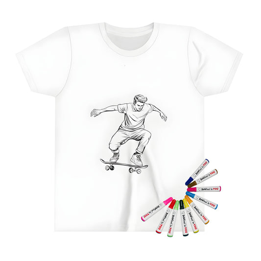 A kid's t-shirt featuring an exciting coloring page design of a skateboarder performing tricks in mid-air.