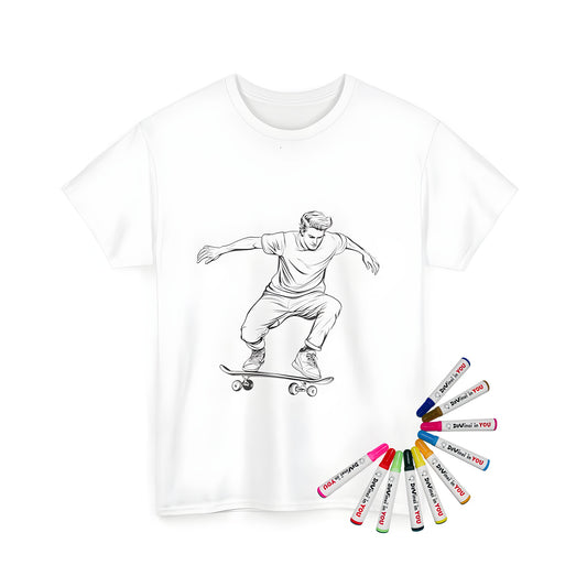 Unisex T-shirt featuring an action-packed illustration of a skateboarder performing tricks