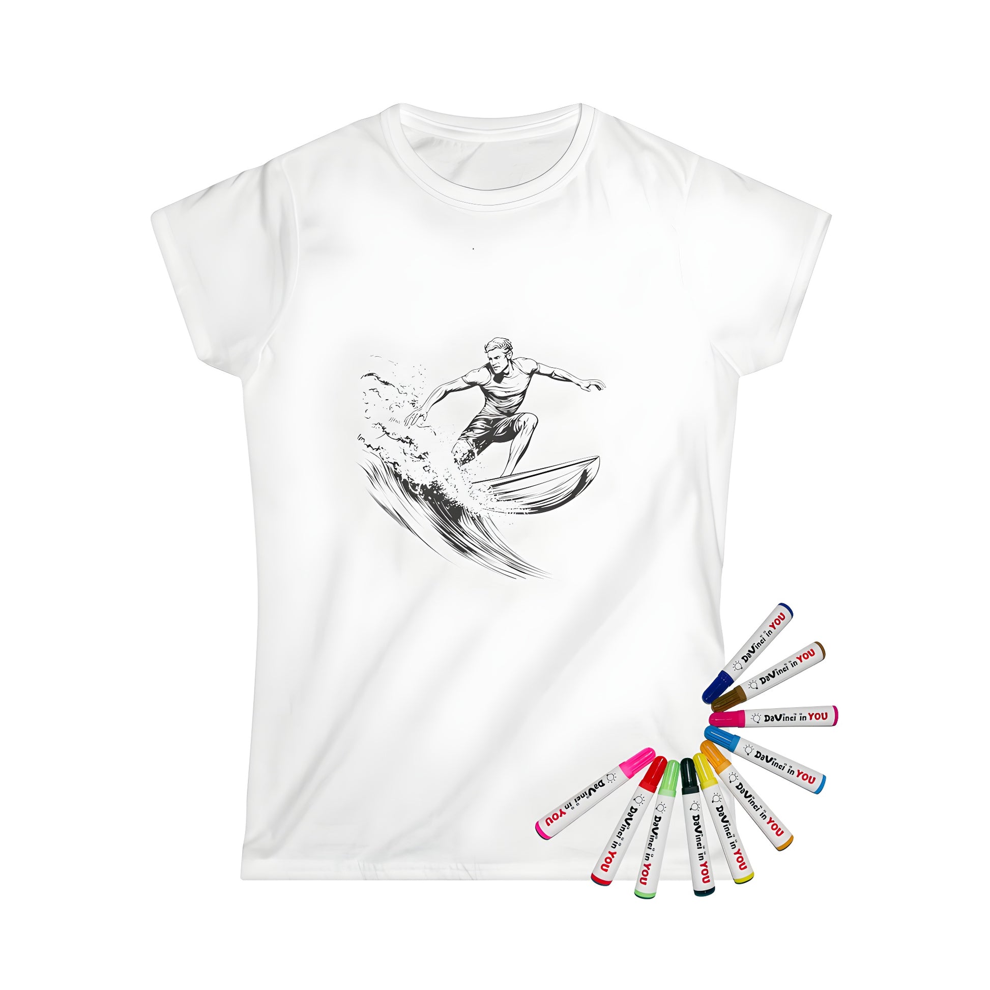 Women's t-shirt with dynamic black and white illustration of man surfing on wave, perfect for coloring kits