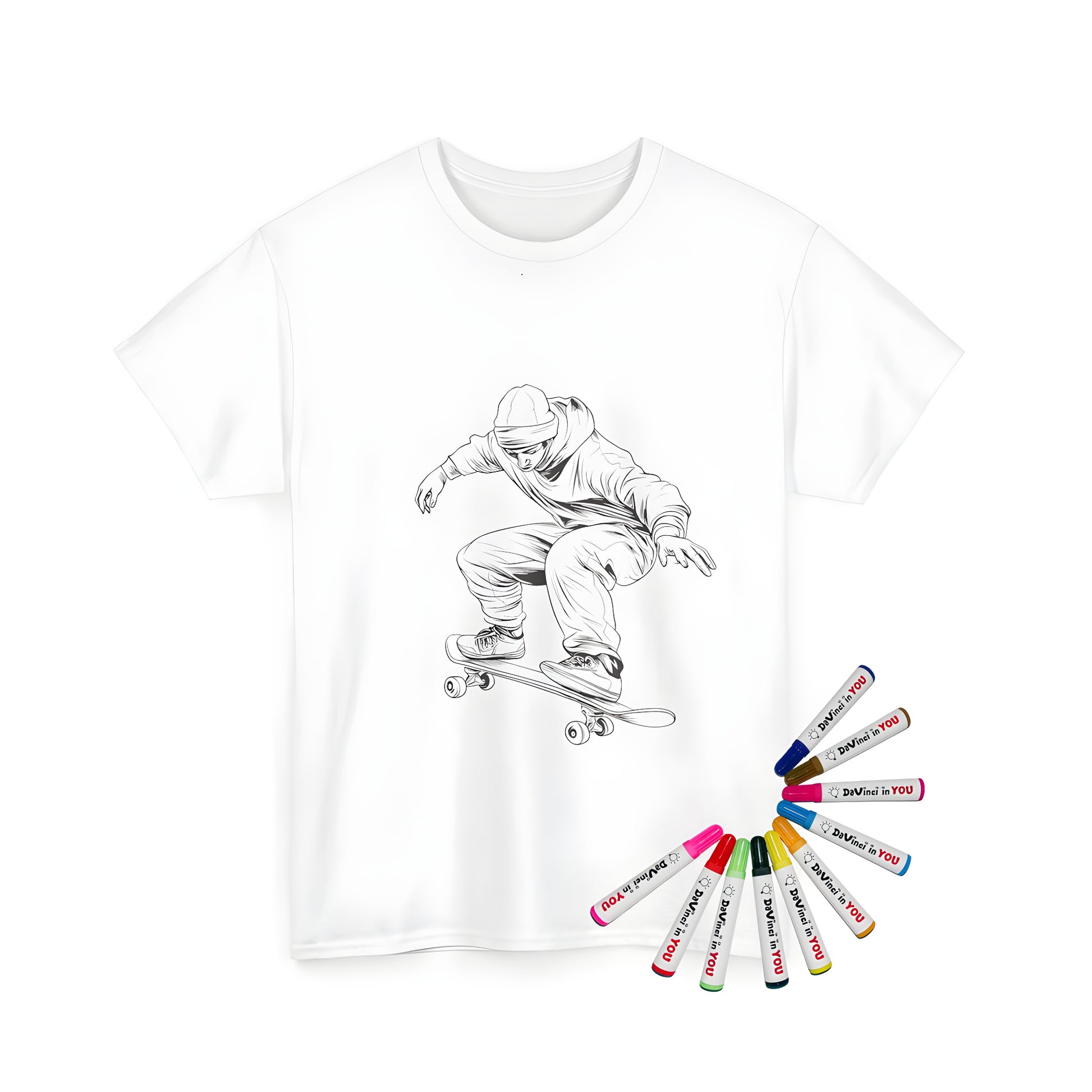 Skateboarding action figure illustration on a unisex tee shirt for kids and adults to color