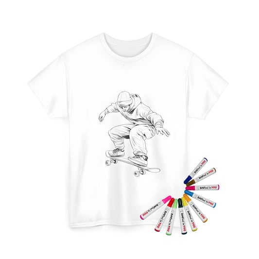 Skateboarding action figure illustration on a unisex tee shirt for kids and adults to color