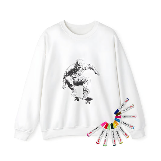 Adult sweatshirt featuring a detailed black-and-white illustration of a skateboarder executing a trick in mid-air, with dynamic movement. Also known as skate culture, street skating, or action sports apparel.