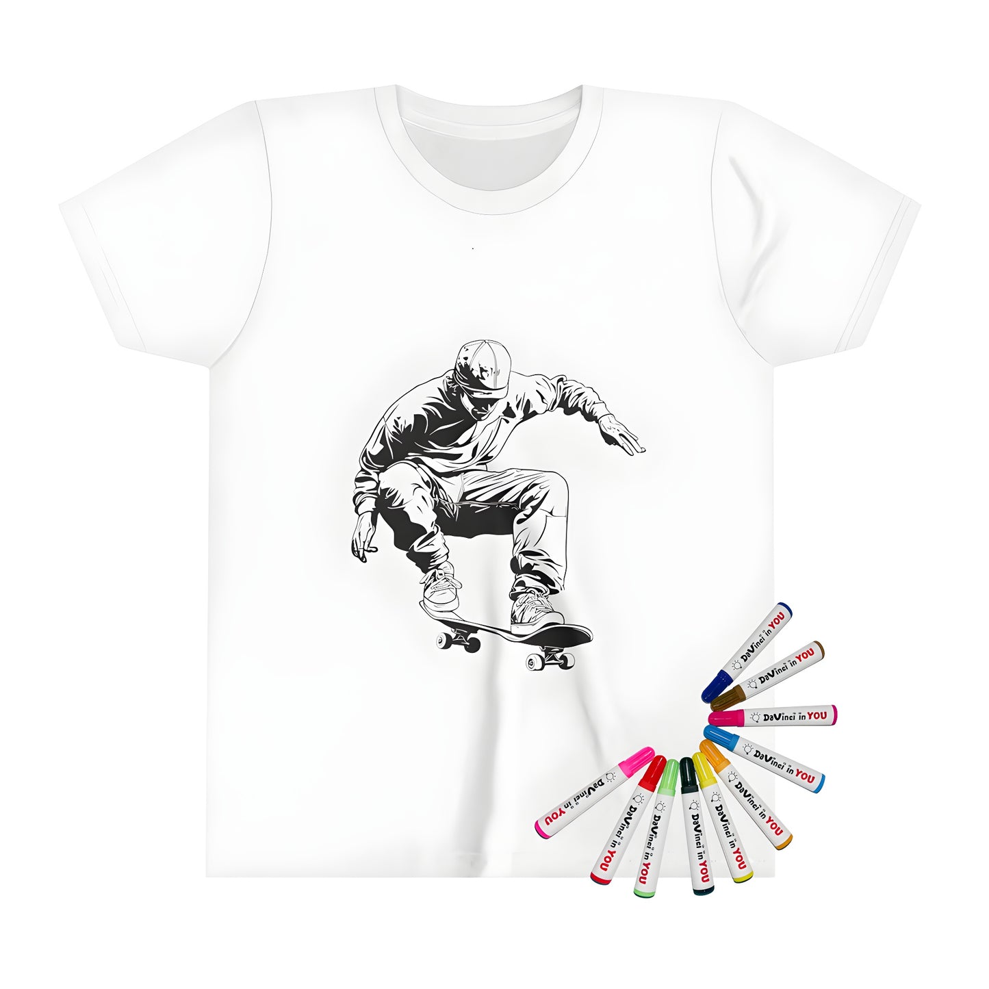 Coloring page illustration of an action-packed skateboarder on a kid's t-shirt