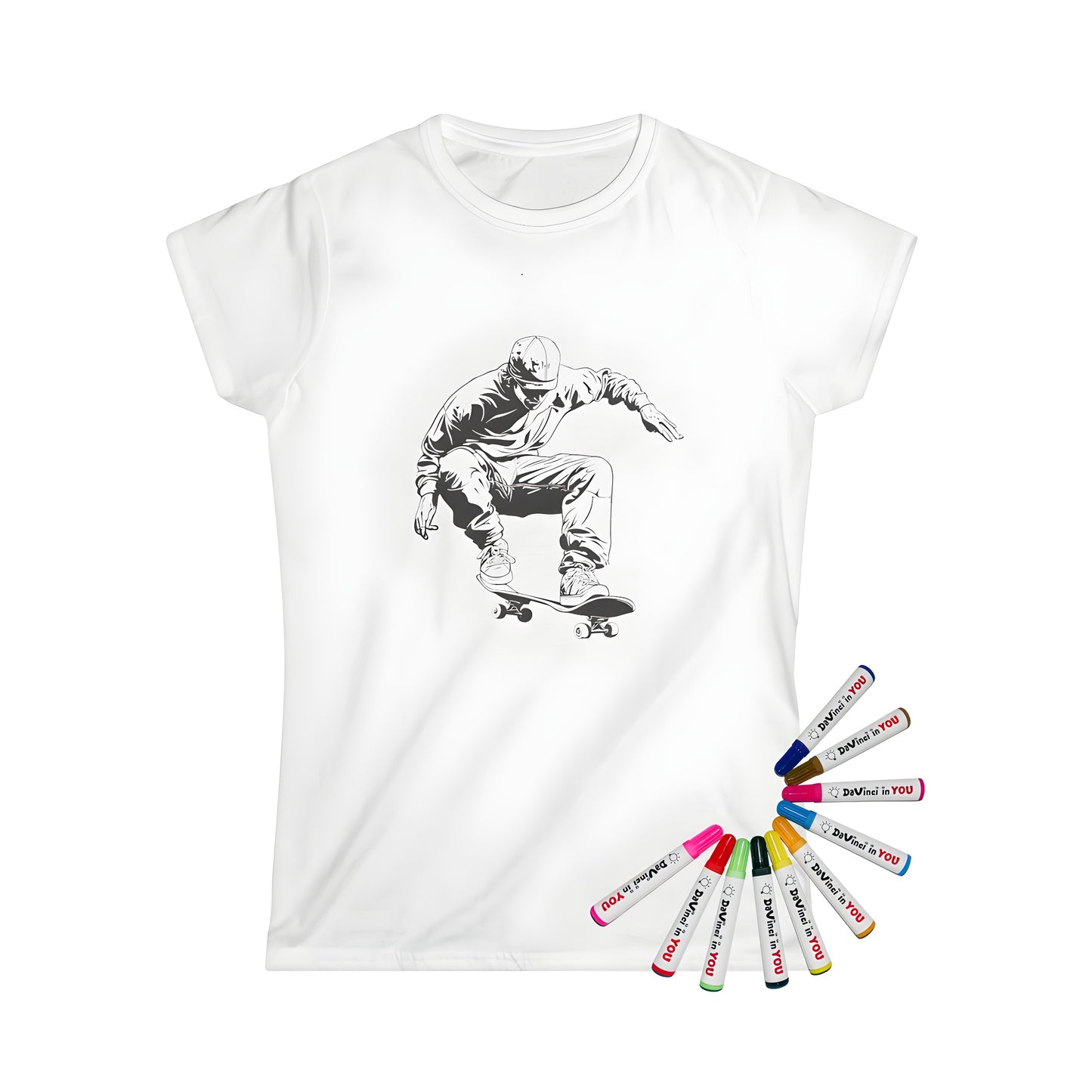 Women's t-shirt featuring a vibrant skateboarding design for kids and adults alike, perfect for fans of action sports and street art.