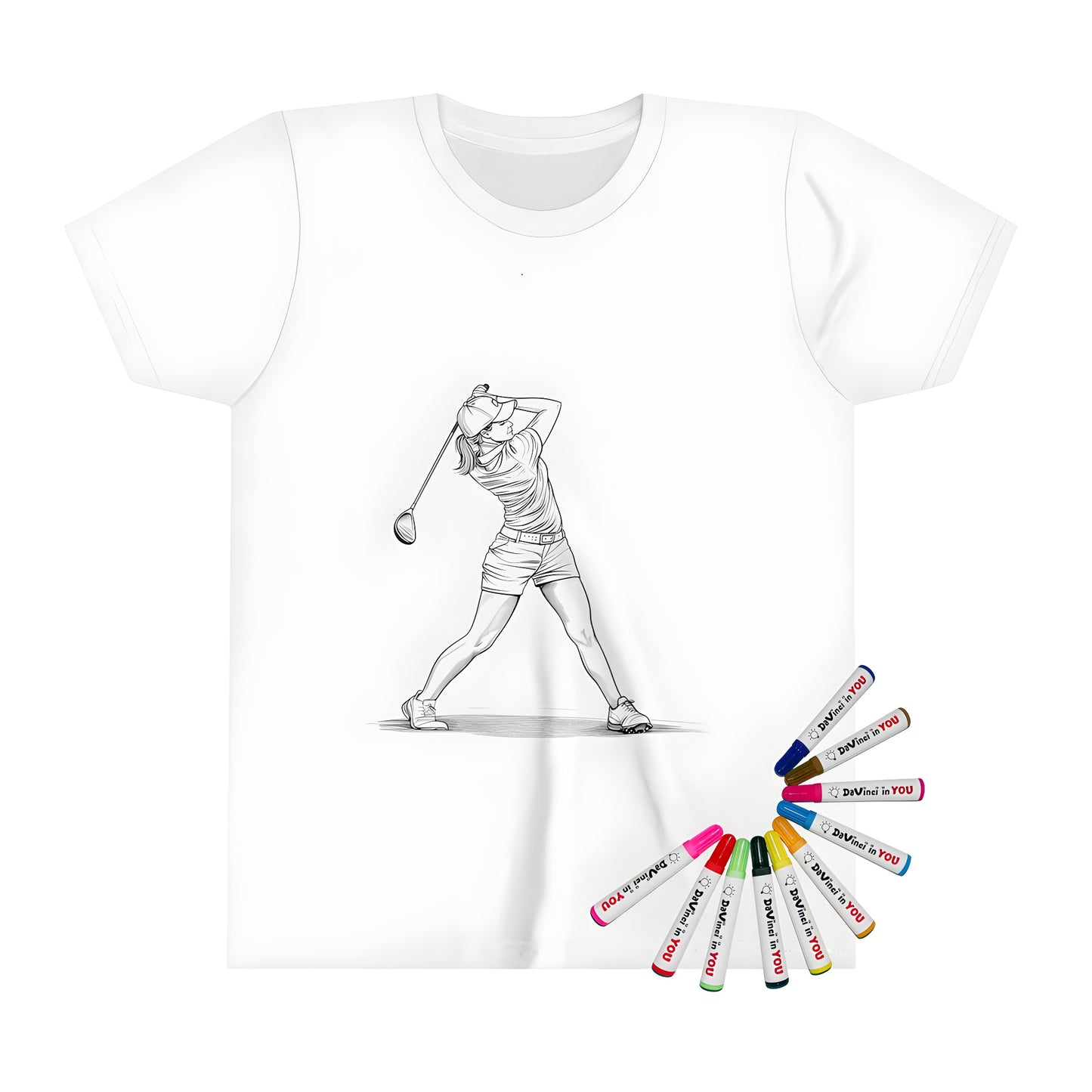 Kid's t-shirt with a colorful female golfer illustration design