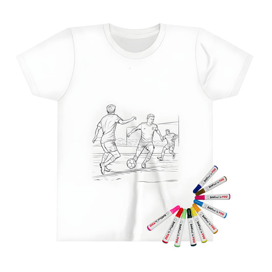 Coloring book t-shirt for kids with soccer-themed artwork showing soccer players in action on the field, featuring goalkeeper and forward players.