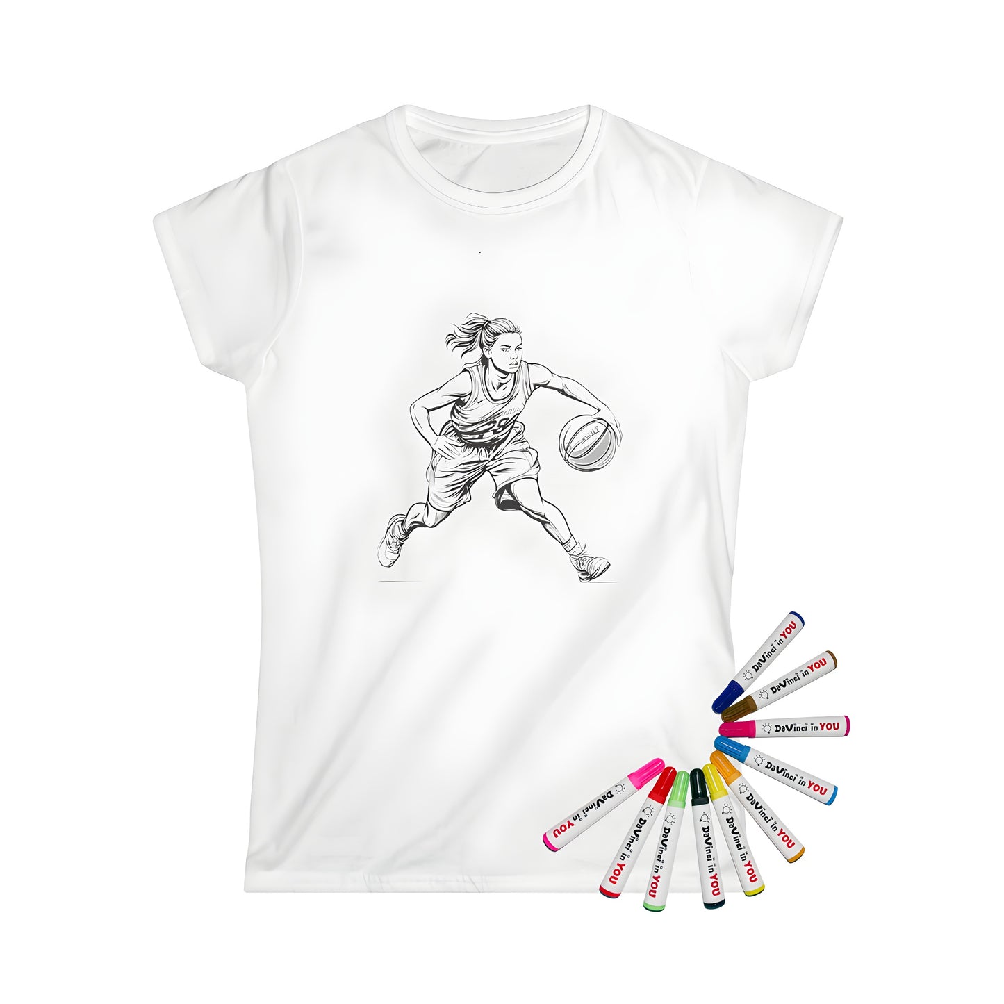 Women's t-shirt with vibrant coloring page design of female basketball player dribbling ball in action pose