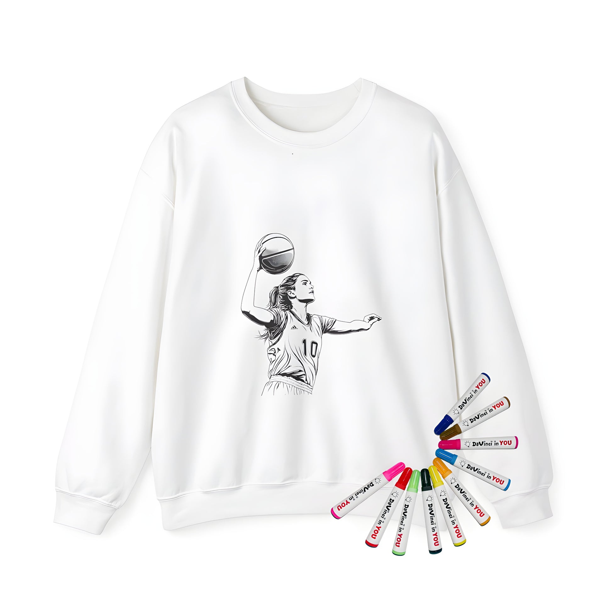 Adult sweatshirt with colorful basketball design, featuring a female player in mid-action