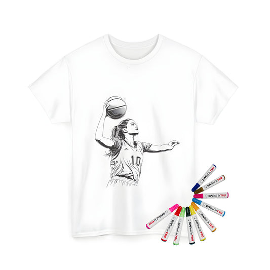 Unisex basketball-themed t-shirt featuring a black and white illustration of a female basketball player in mid-action, holding a basketball above her head