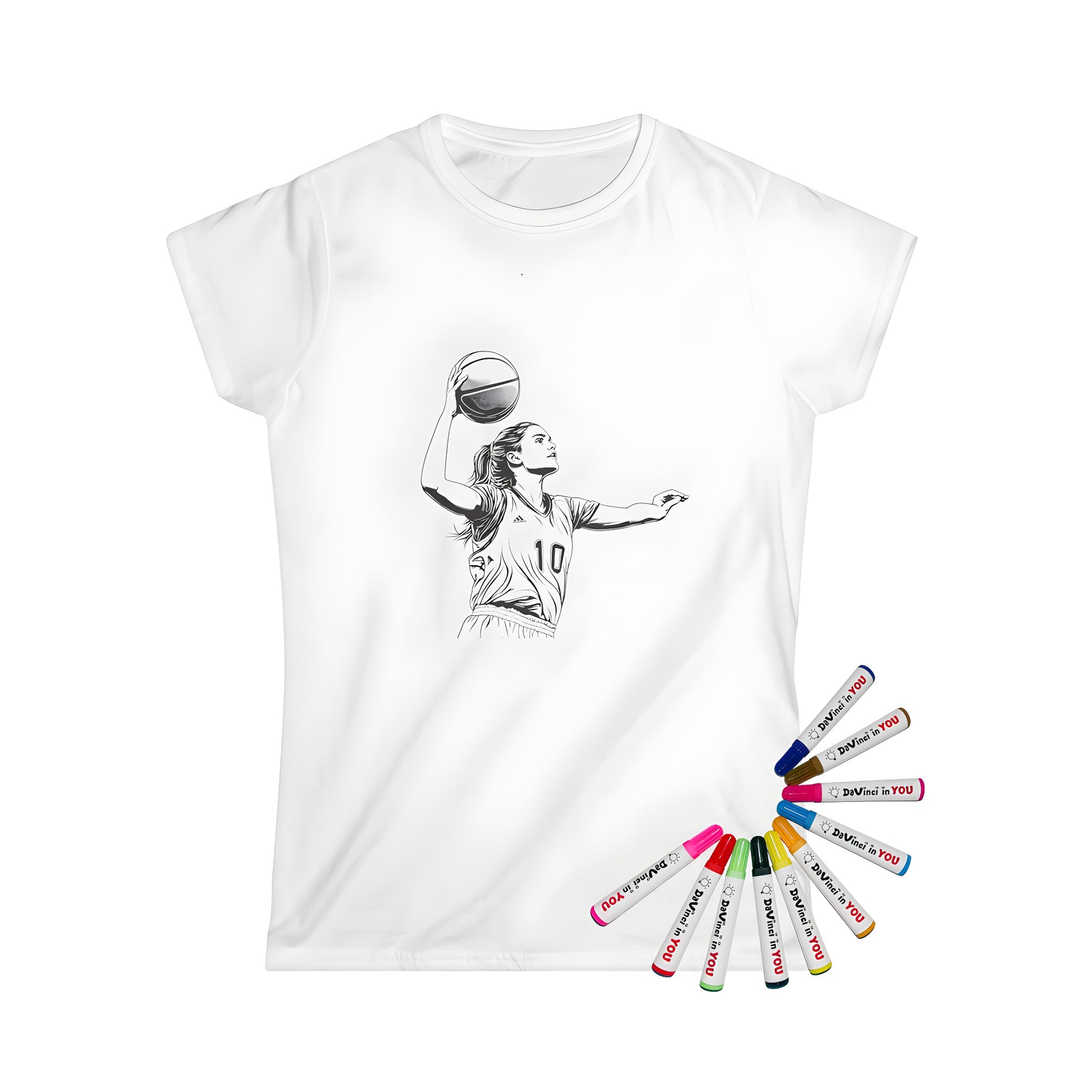 Women's sports t-shirt featuring an illustration of a female basketball player in action, with vibrant fabric markers for customization