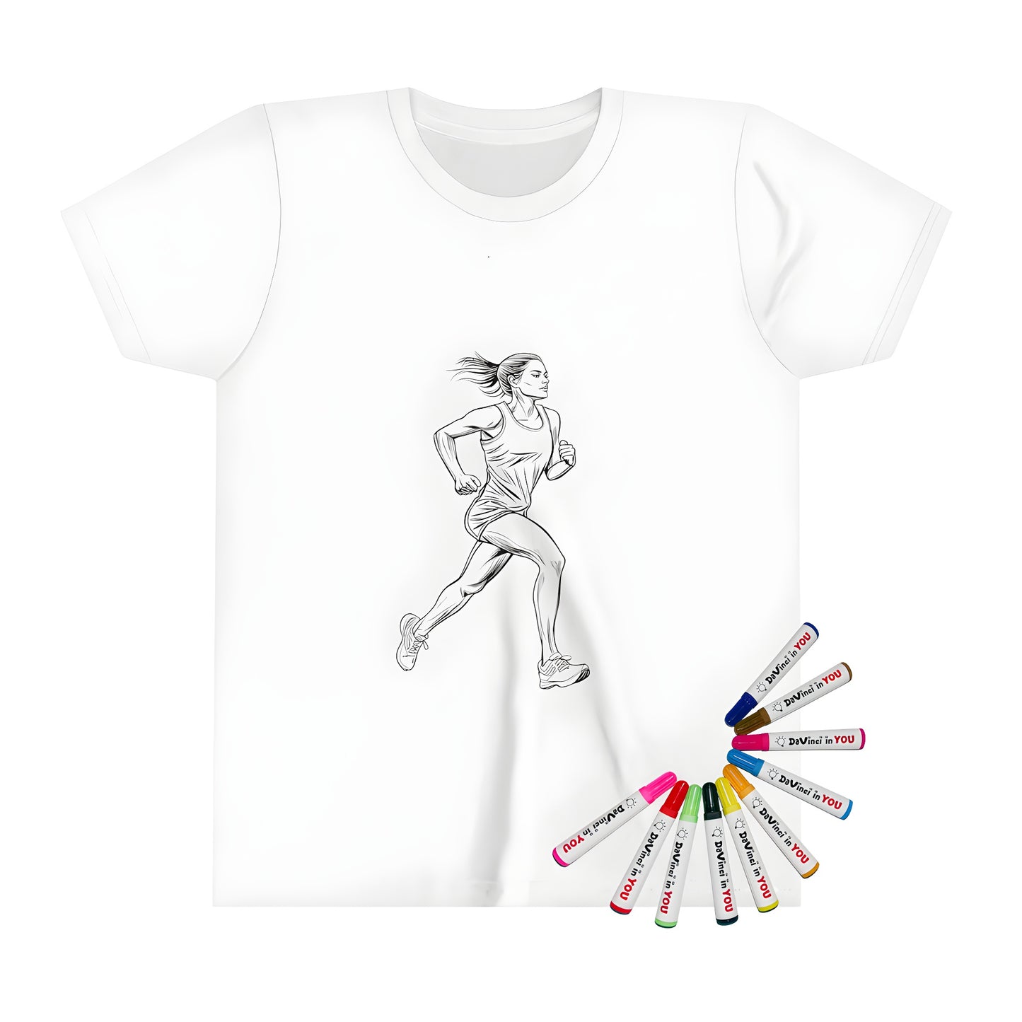 Colorful kid's t-shirt with a fun illustration of a girl running, jogging, sprinting, or speeding - perfect for kids who love sports and fitness