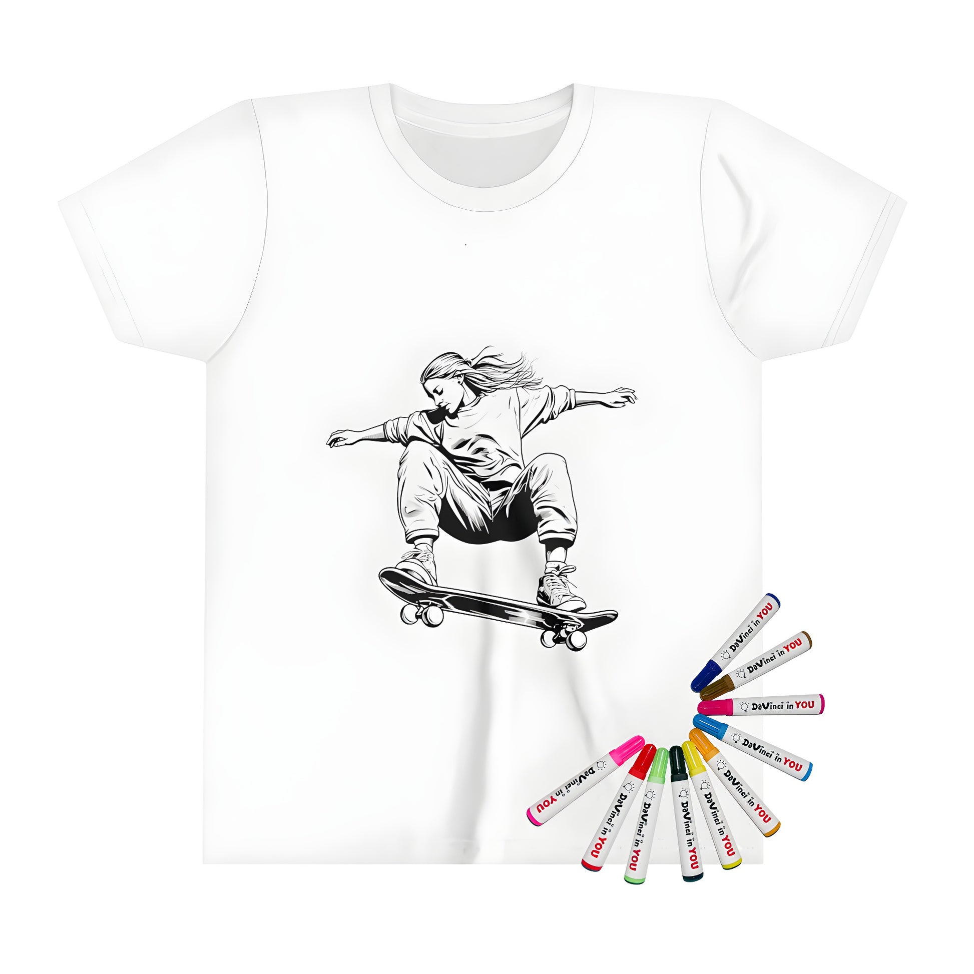 Colorful kid's t-shirt featuring a black and white illustration of a girl mid-jump on a skateboard, evoking dynamic movement and youthful energy.