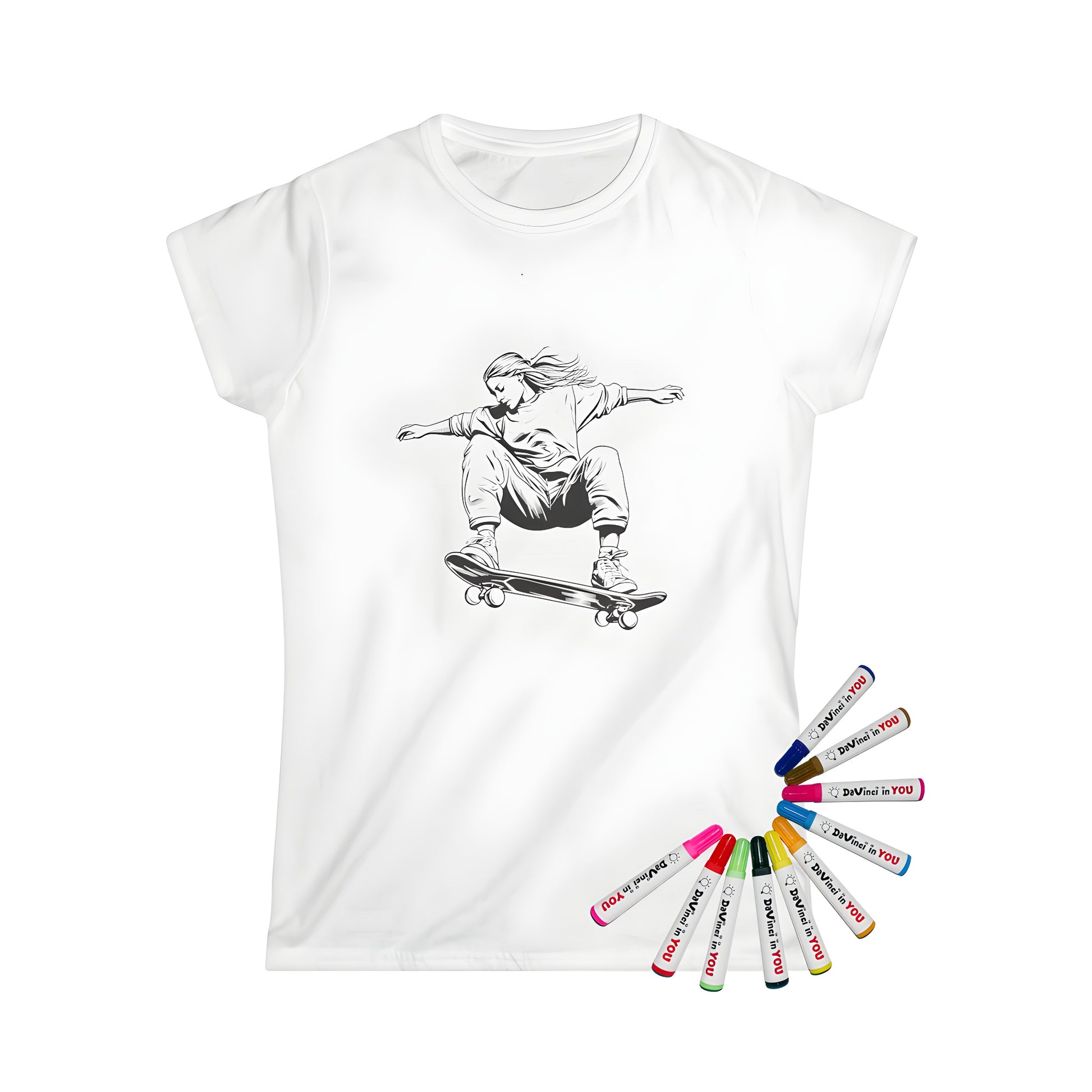 Women's t-shirt with unique coloring kit design featuring girl mid-jump on skateboard, vibrant colors and youthful energy