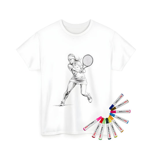 Unisex t-shirt with colorful tennis design featuring a female tennis player illustration