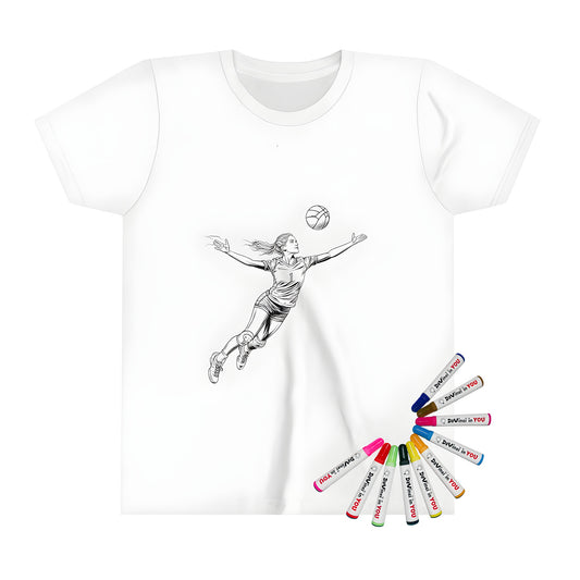 Dynamic black and white sporty coloring page kid's t-shirt featuring a volleyball player jumping mid-air to spike