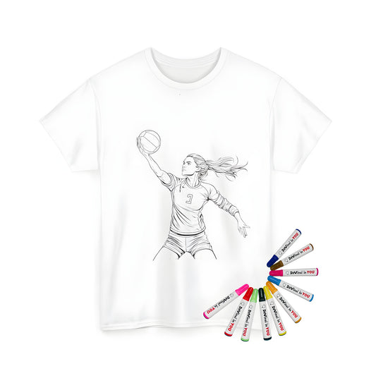 Unisex T-shirt featuring a coloring page design of a female volleyball player in action