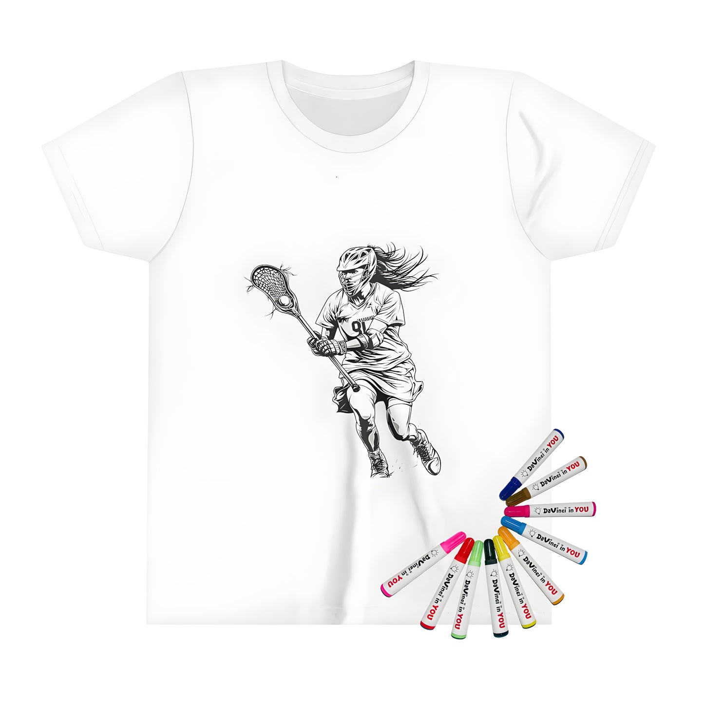 Coloring Kit for Kids, T-Shirt Design, Lacrosse Player, Athletic Apparel, Youth Sports, Black and White Illustration, Fun Activities