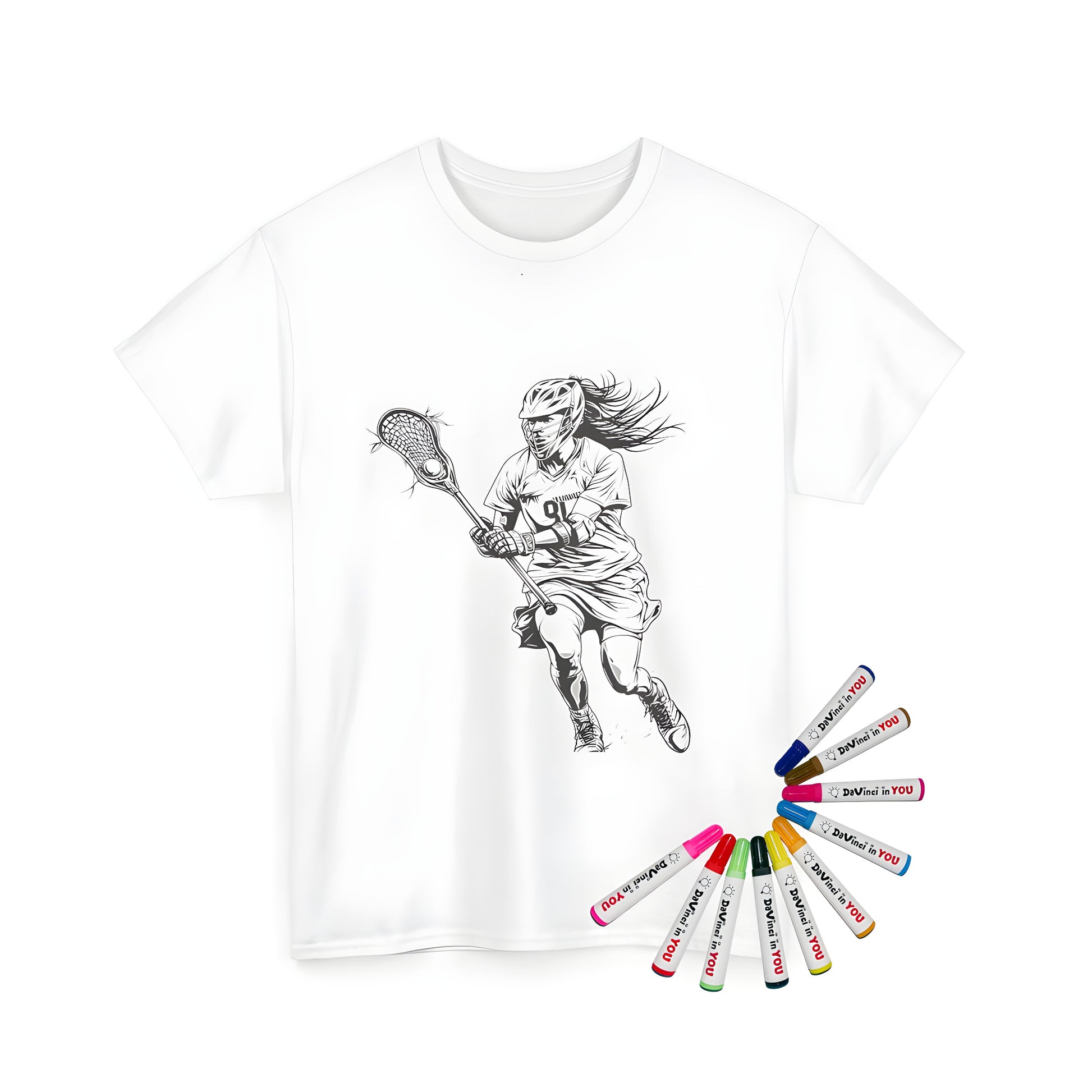 Coloring kit for men's or women's t-shirts featuring a dynamic black and white illustration of a female lacrosse player in action