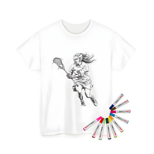 Coloring kit for men's or women's t-shirts featuring a dynamic black and white illustration of a female lacrosse player in action