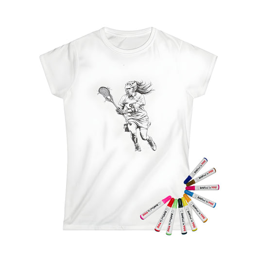 Women's t-shirt featuring a vibrant black and white illustration of a female lacrosse player in action, showcasing dynamic movement and sports gear. Perfect for fans of the game, with a fun and unique design.