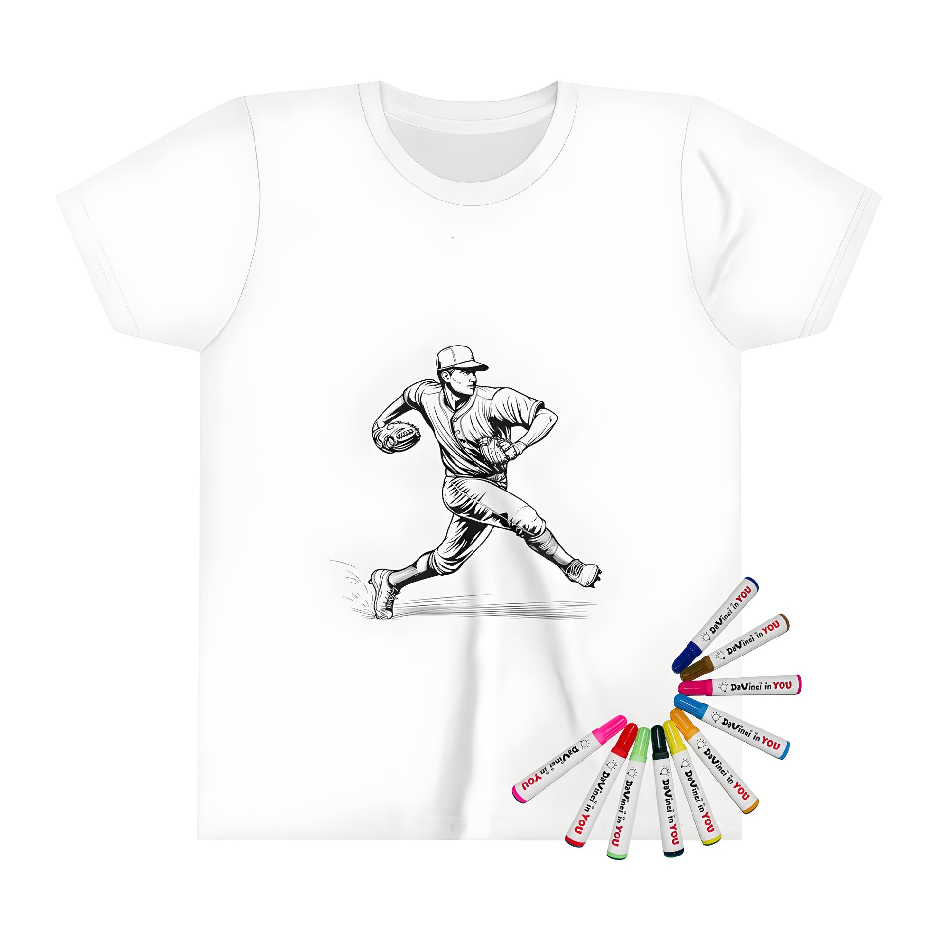 Colouring page print on kid's t-shirt with baseball pitcher artwork