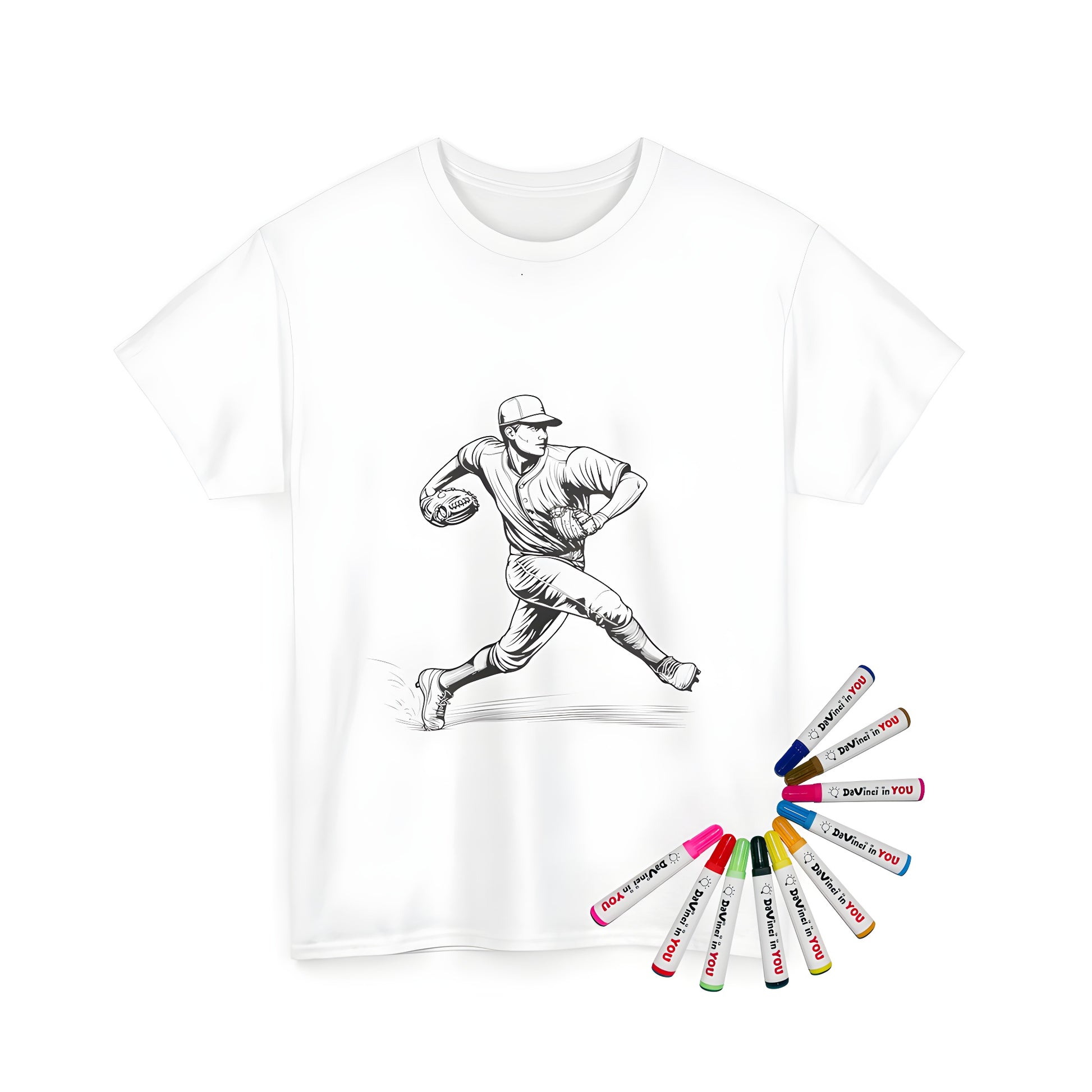 Baseball themed t-shirt with vibrant coloring page design of baseball pitcher mid-action