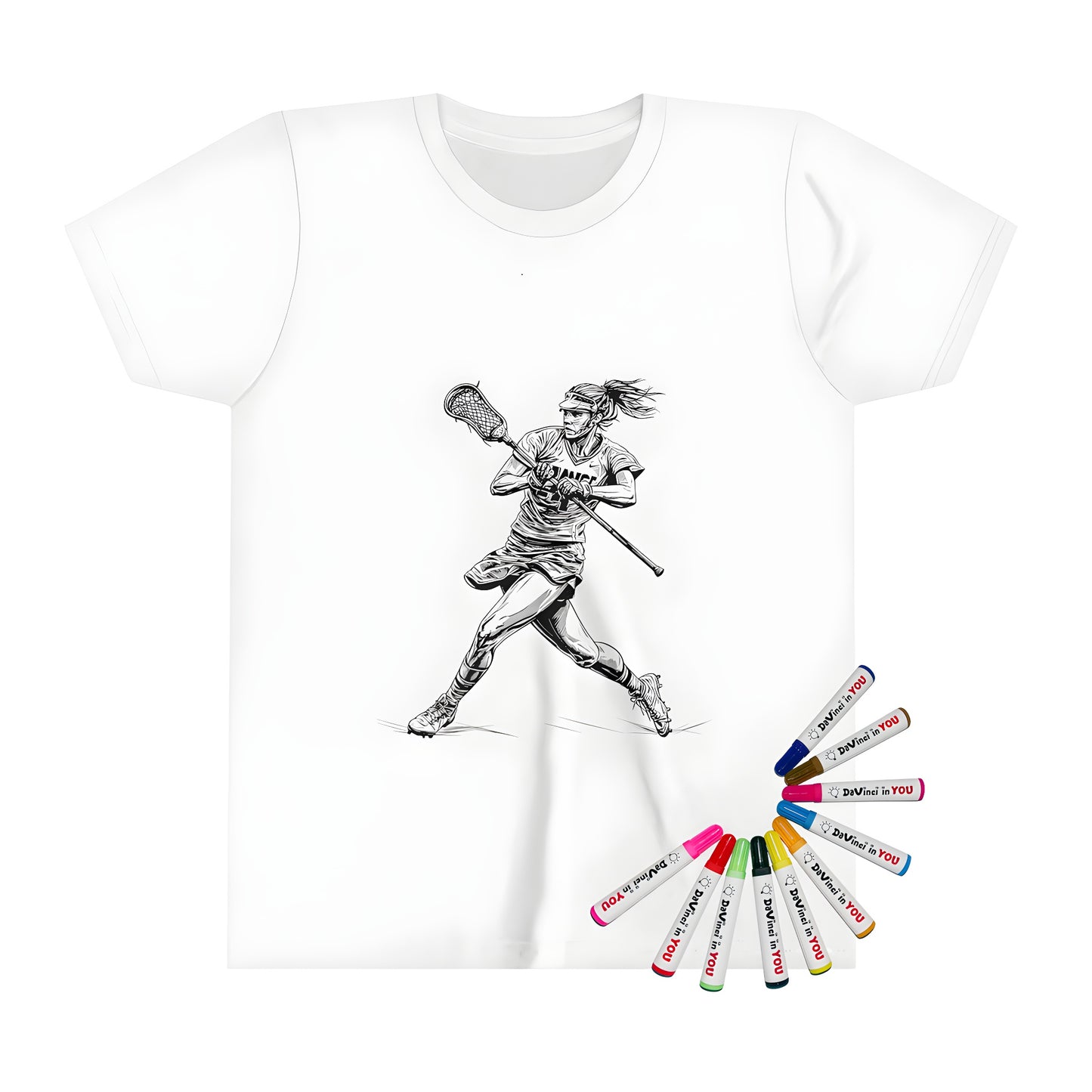 Girl's lacrosse, field hockey, or women's sports-themed t-shirt for kids, featuring a fun and colorful illustration of a female athlete in action