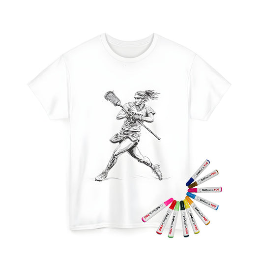 Unisex t-shirt with vibrant lacrosse girl illustration, perfect for coloring with 10 fabric markers