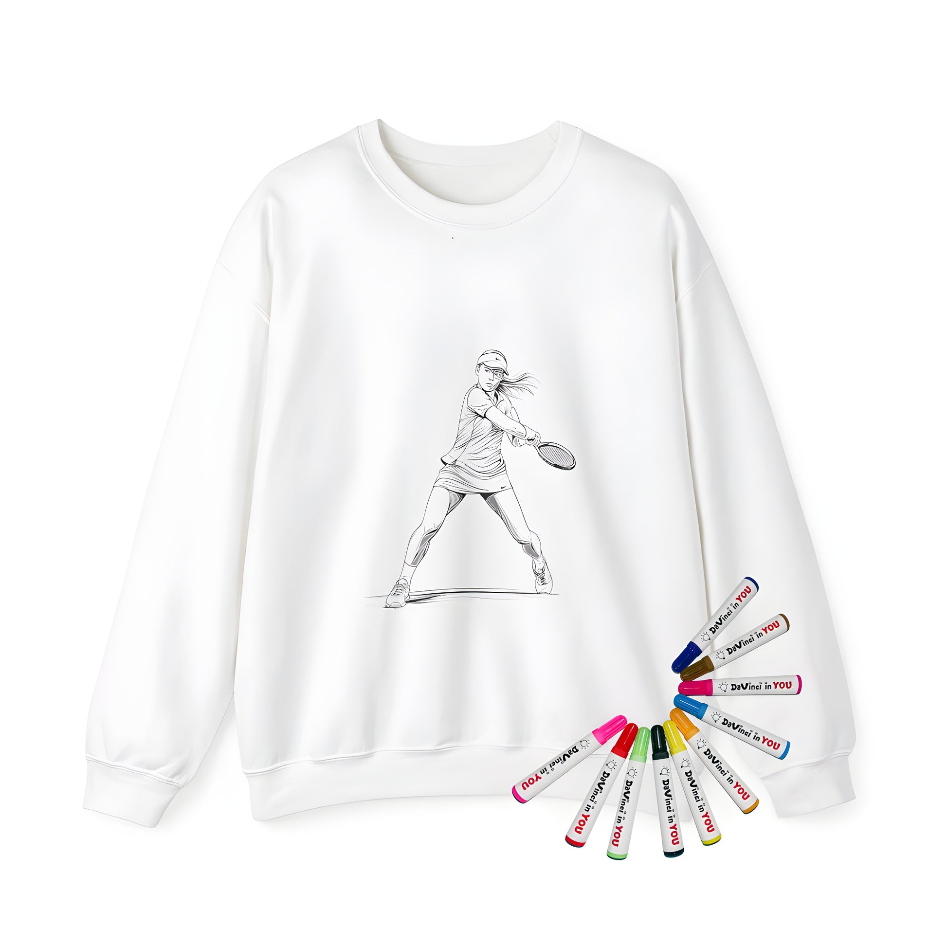 Adult sweatshirt with vibrant tennis court design and fabric markers - perfect for colouring enthusiasts