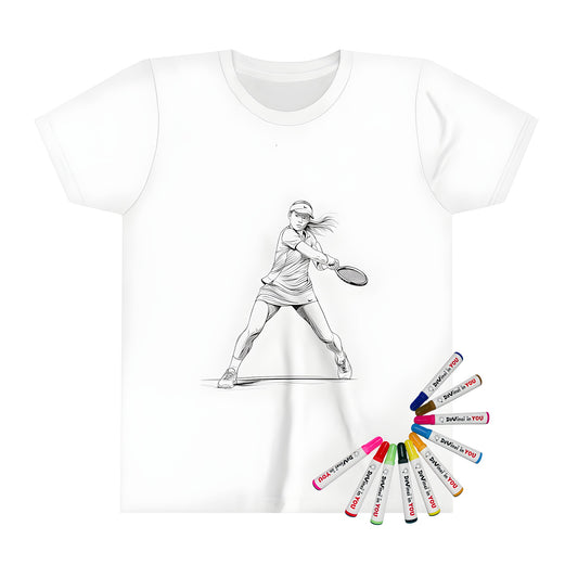 Kid's t-shirt with vibrant tennis-themed artwork designed for kids, featuring a black and white line drawing of a girl swinging a racket in an energetic pose