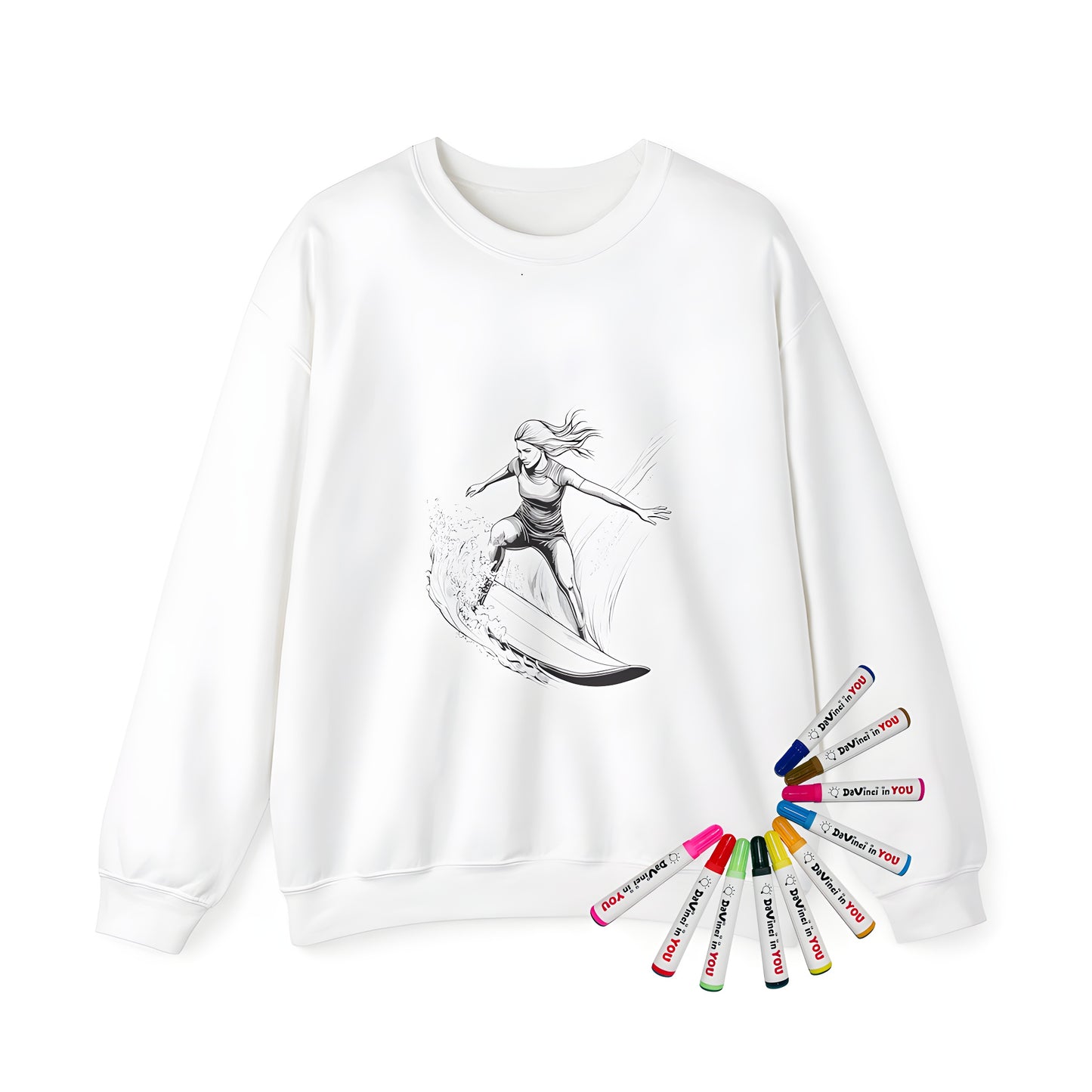 Adult Sweatshirt with vibrant surfing design featuring a detailed illustration of a female surfer riding a large wave