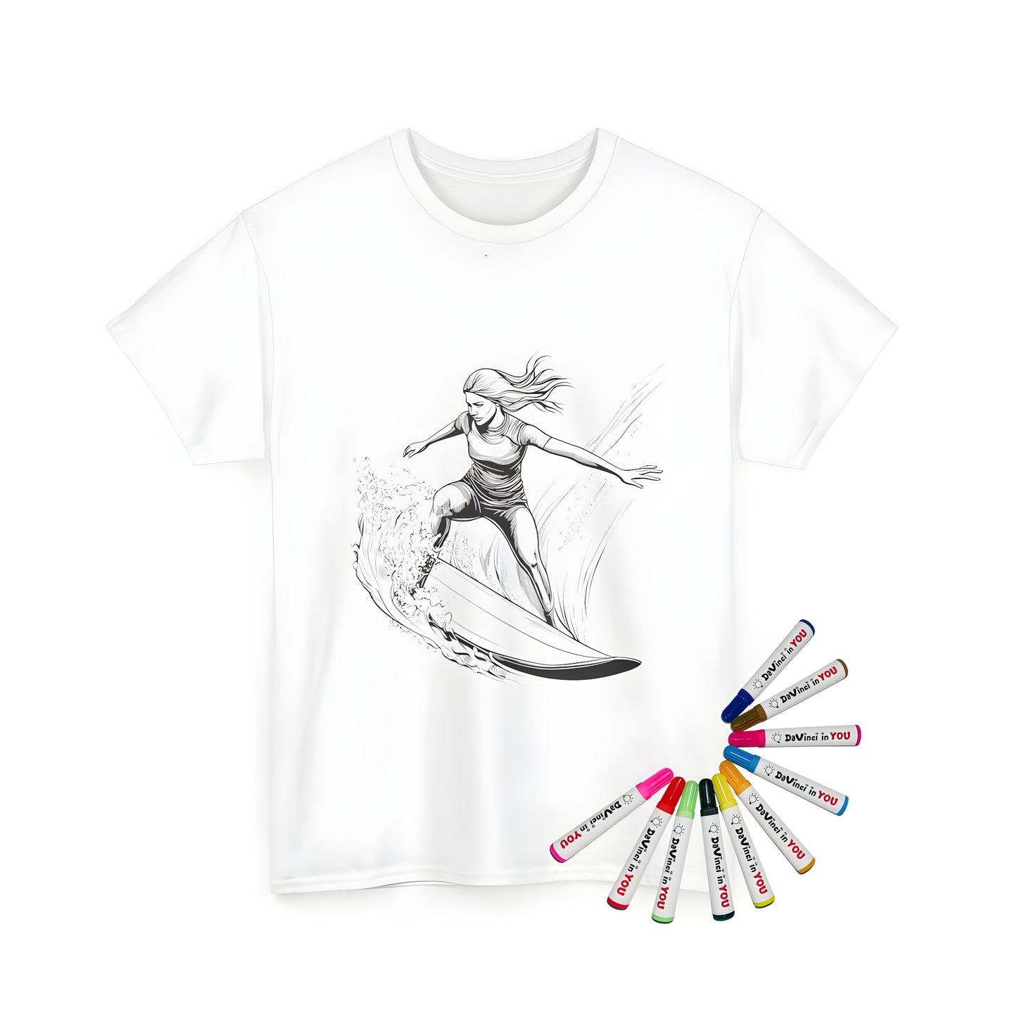 A vibrant Unisex T-shirt featuring a detailed illustration of a female surfer riding a large wave, surrounded by dynamic water splashes. Perfect for anyone who loves surfing, wave riding, or beach lifestyle.